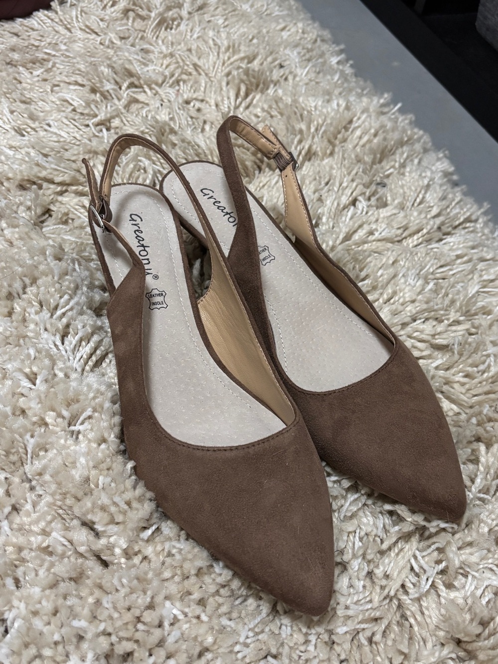Greatonu sling back kitten heel pumps taupe suede